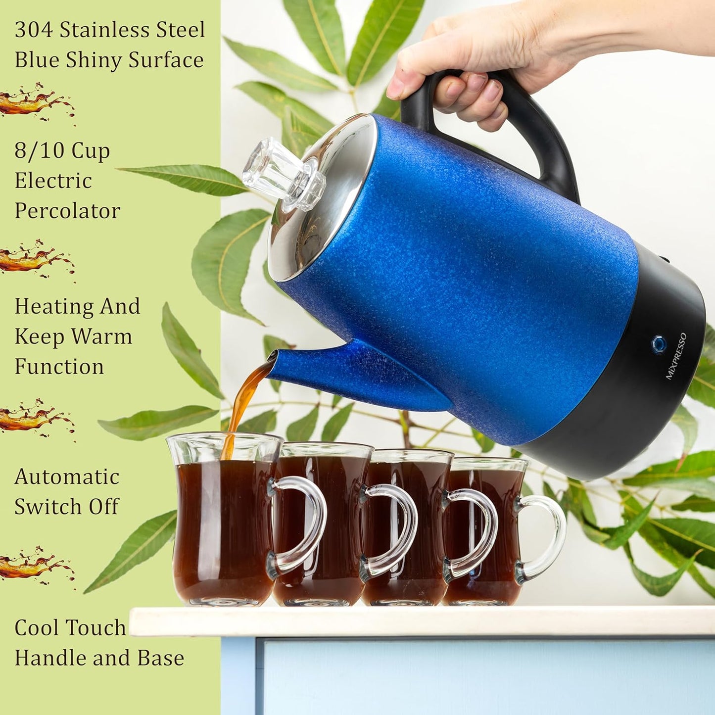 Mixpresso 10 Koppie Elektriese Perkolator Koffiepot, Vlekvrye Staal Elektriese Koffieperkolator Met Warmhoufunksie, Klassieke Perkolatorpot Met Verwyderbare Mandjie vir Huis of Kantoor - Blinkblou