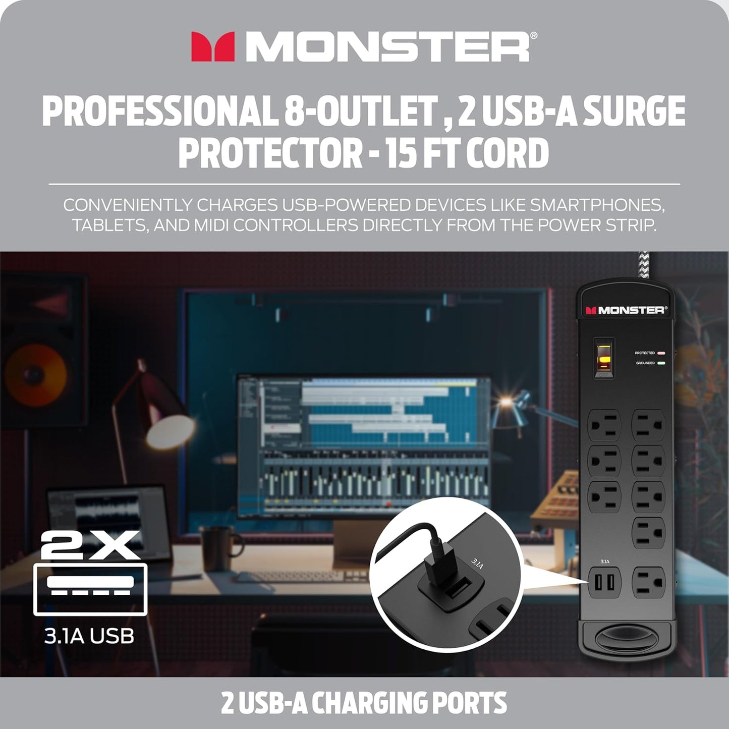Monster Pro MI Professional Surge Protector Power Strip with Fireproof MOV Technology for Computers, Amplifiers, Pedal Boards, and Pro Audio Gear - 1960 Joule, 15 ft Cord, 8 Outlet, 2 USB