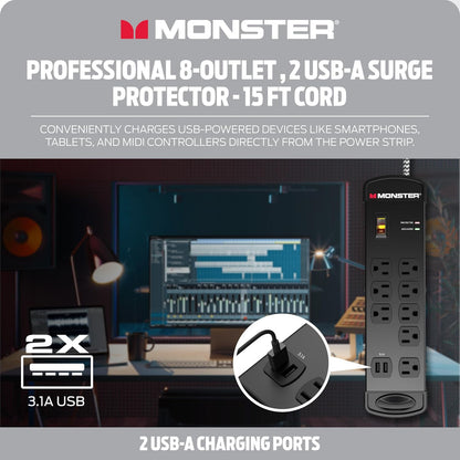 Monster Pro MI Professional Surge Protector Power Strip with Fireproof MOV Technology for Computers, Amplifiers, Pedal Boards, and Pro Audio Gear - 1960 Joule, 15 ft Cord, 8 Outlet, 2 USB