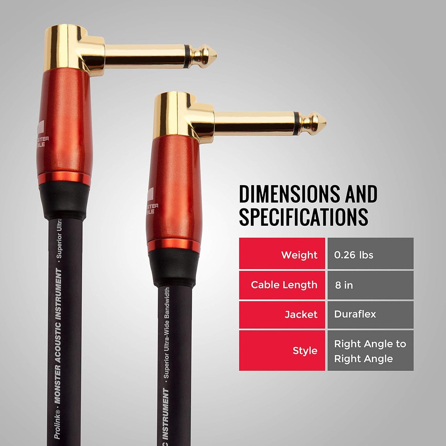 Monster Prolink Acoustic Instrument Cable. 8 in Guitar Cable. Right Angle to Right Angle Monster Cable w/ Superior Delivery Speed. Rich & Clean Sound Monster Cord. Monster Instrument Cable