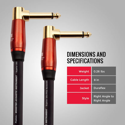 Monster Prolink Acoustic Instrument Cable. 8 in Guitar Cable. Right Angle to Right Angle Monster Cable w/ Superior Delivery Speed. Rich & Clean Sound Monster Cord. Monster Instrument Cable