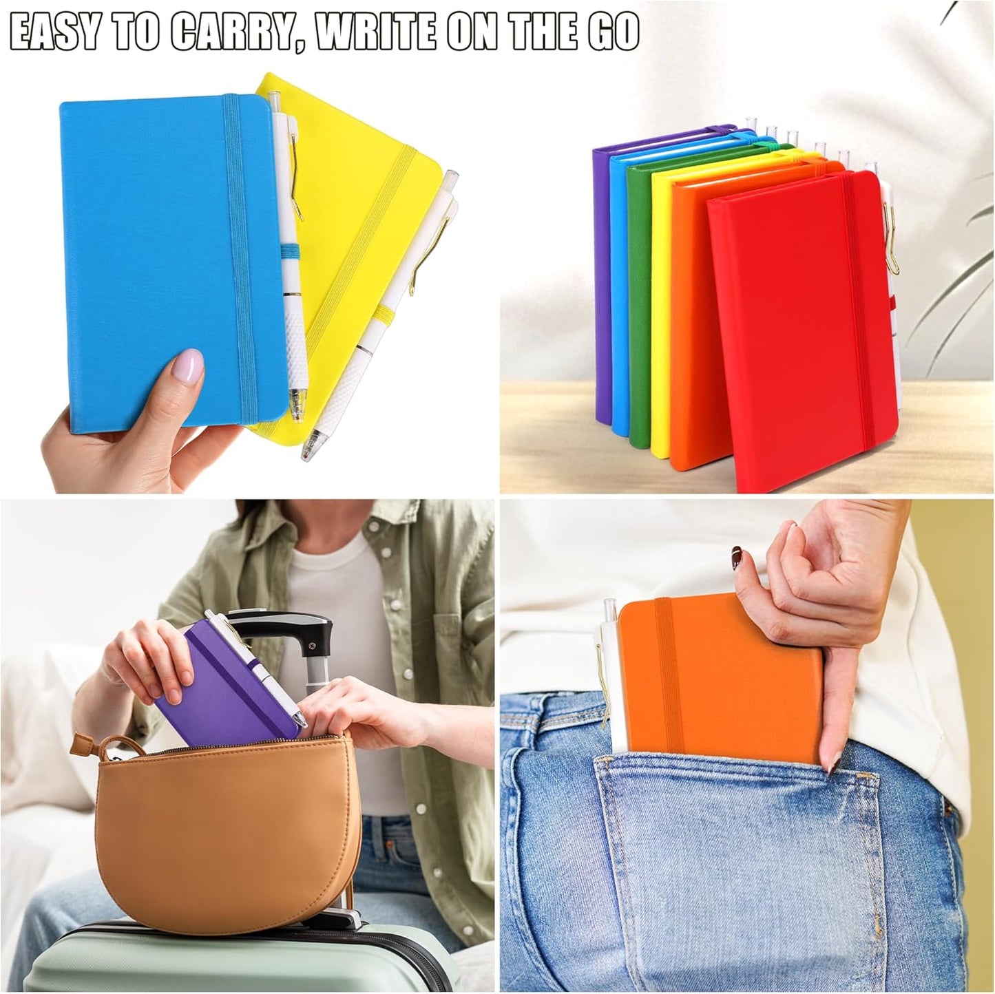 50 Sets Pocket Notebook Journals with Pens, A6 Mini Hardcover PU Leather Lined Notebooks 3.5 x 5.5 Inch College Ruled Notepad With Pen Holder for Office School Supplies, Rainbow Color