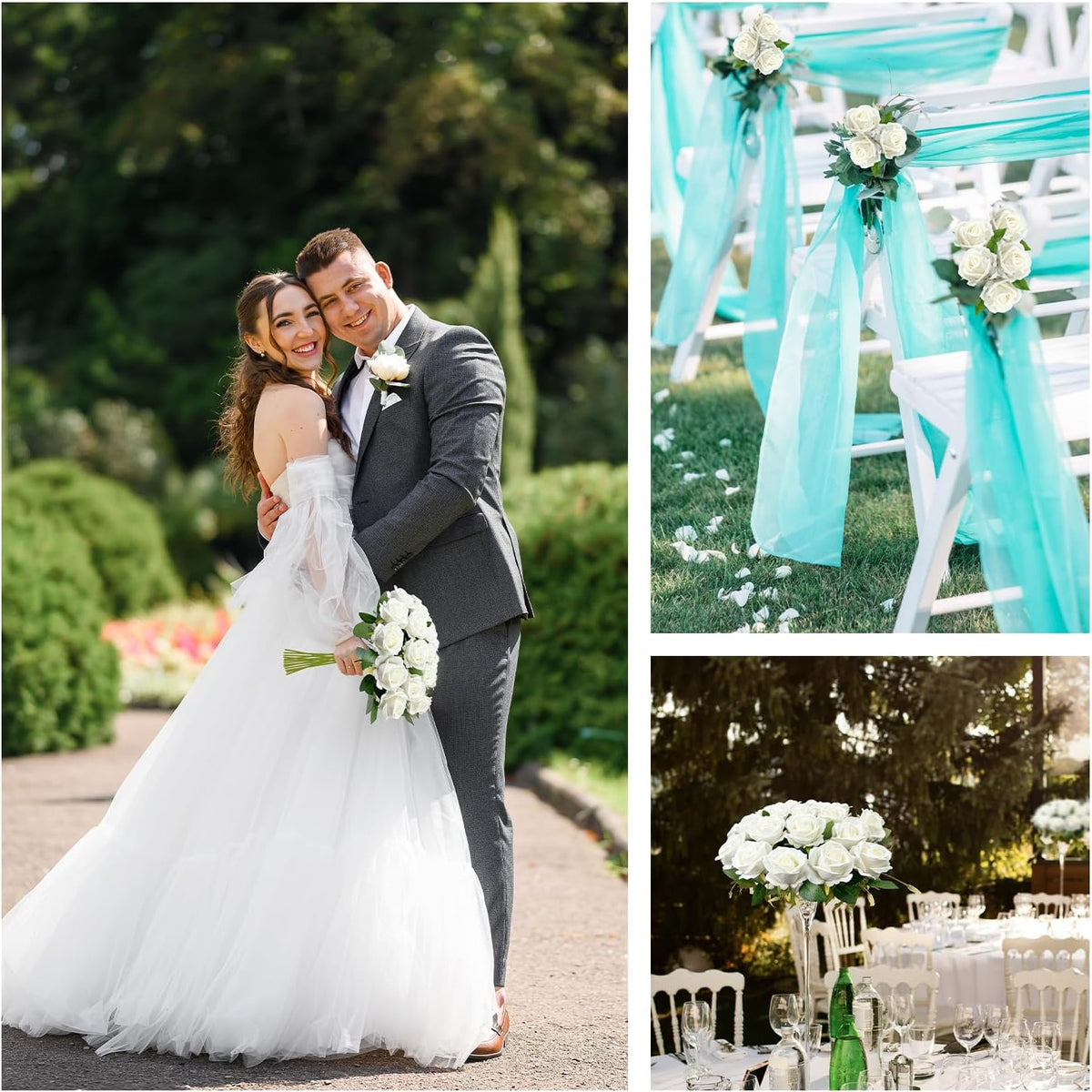 50 PCS Bulk Artificial Flowers, Fake Velvet Silk White Roses W/ Long Stems