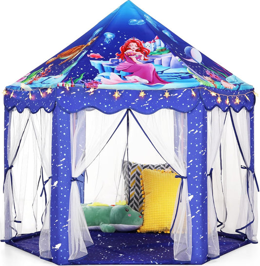 Monobeach Meermin Prinses Tent Dogter Blou Groot Speelhuis Kinders Kasteel Speel Tent met Sterliggies Geskenkspeelding vir Kinders Binne en Buite Speletjies