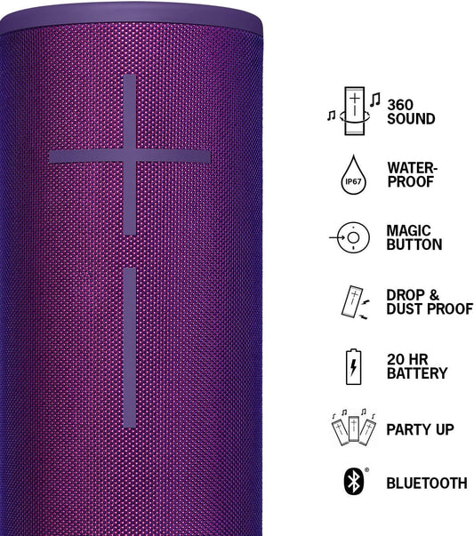 Ultimate Ears Logitech MEGABOOM 3 Draagbare Koordlose Bluetooth Luidspreker (Kragtige Klank + Dreunende Bas, Bluetooth, Magiese Knoppie, Waterdig, Battery 20 Ure) - Ultraviolet Pers