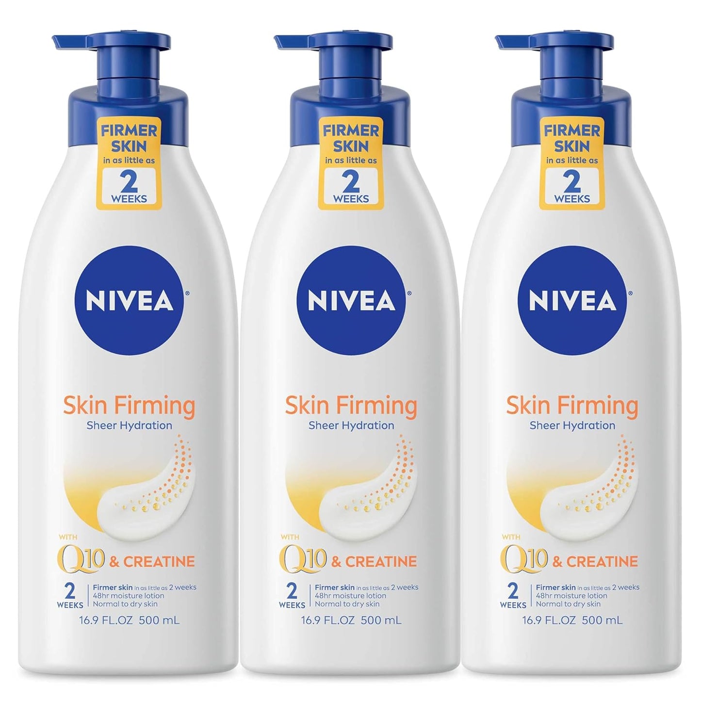 NIVEA Sheer Hydration Skin Firming Body Lotion with Q10 and Vitamin C, 72-Hour Body Moisturizer for Normal to Dry Skin, 16.9 Fl Oz Pump Bottle, Pack of 3