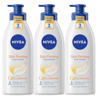 NIVEA Sheer Hydration Skin Firming Body Lotion with Q10 and Vitamin C, 72-Hour Body Moisturizer for Normal to Dry Skin, 16.9 Fl Oz Pump Bottle, Pack of 3