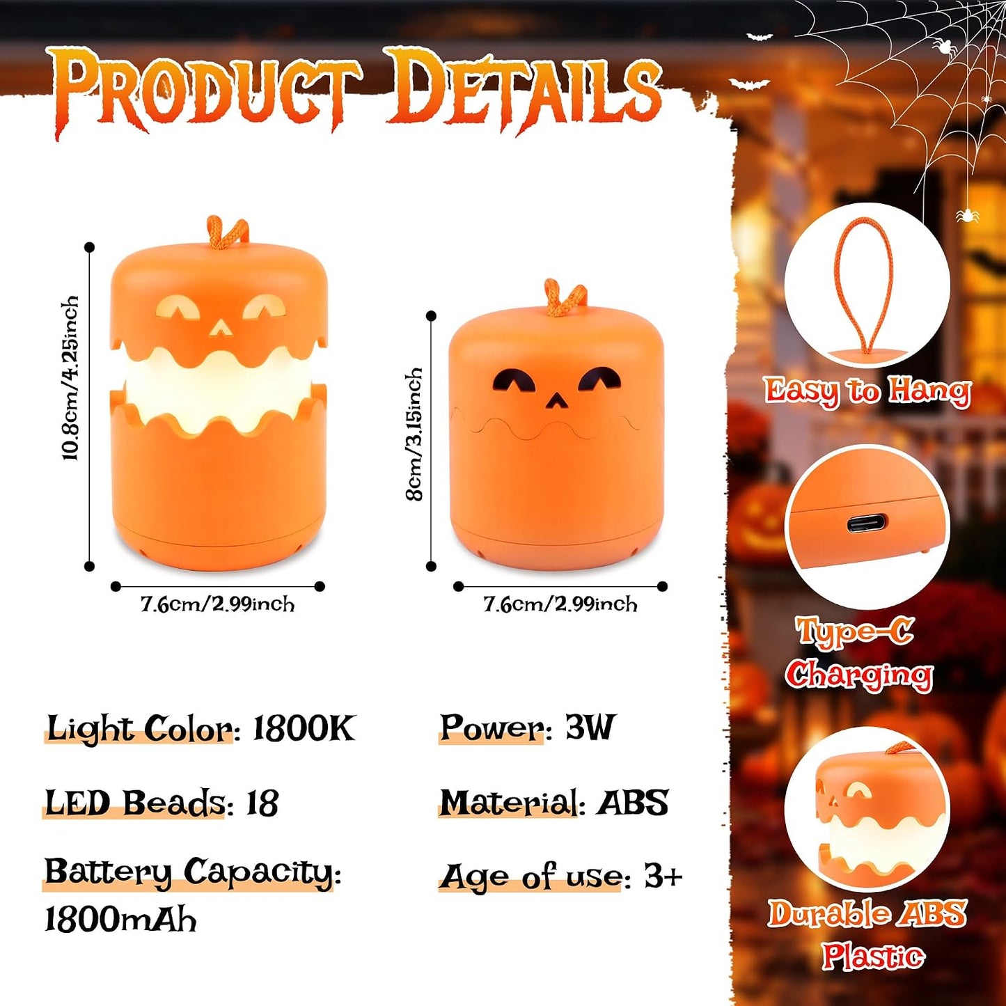 LED Halloween Pumpkin Lantern 2 Pack，Jack O Lantern with Lanyard