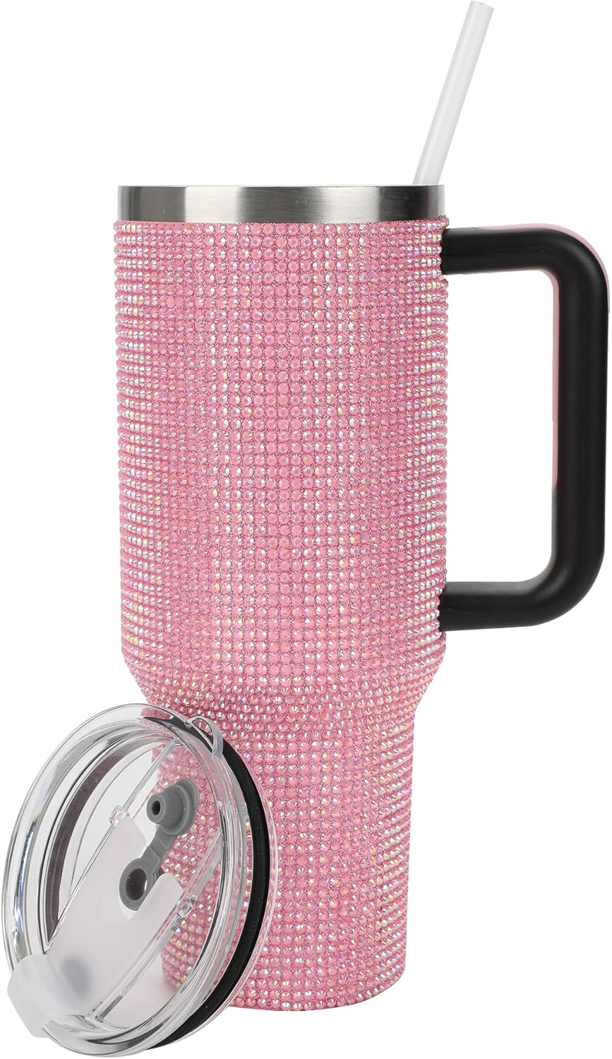 Insulated Stainless Steel Tumbler w/ Reusable Straw & Leak-Proof Lid Easy Carry Handle 40oz (Pink Rhinestones)