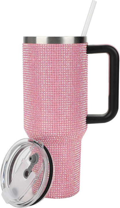 Insulated Stainless Steel Tumbler w/ Reusable Straw & Leak-Proof Lid Easy Carry Handle 40oz (Pink Rhinestones)