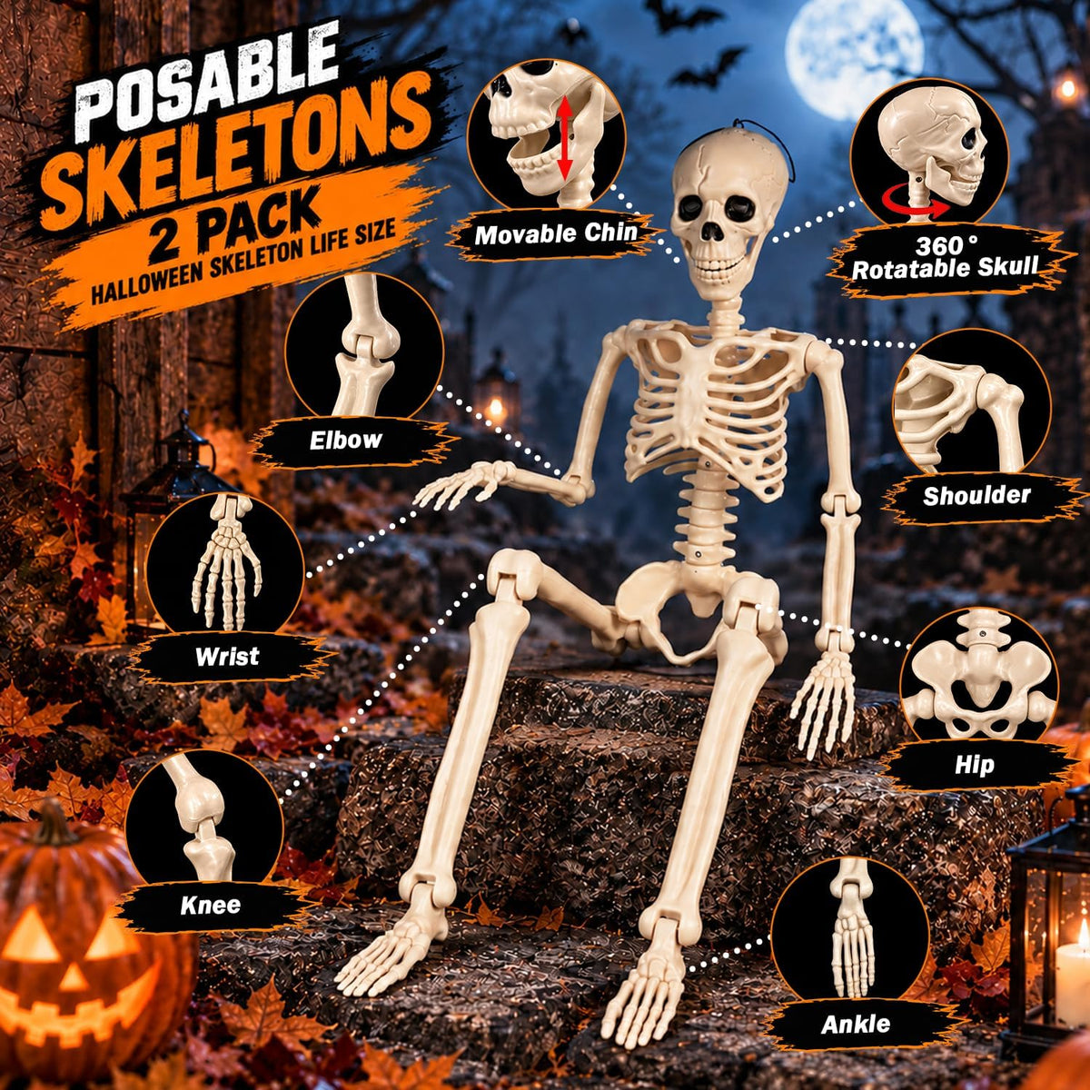 2 Pack 36" Halloween Posable Skeletons, 3 FT Halloween Skeleton Decorations