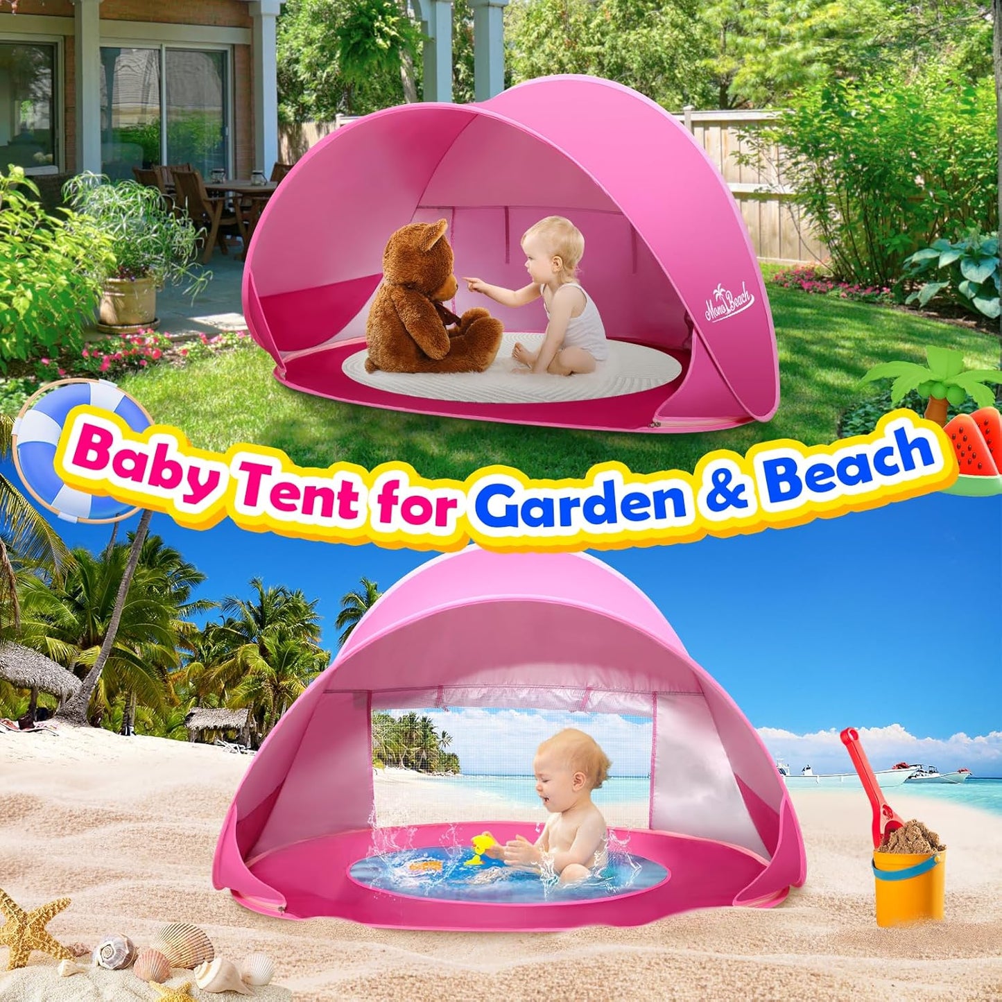 Beach Tent Pop Up Portable Shade Pool UPF50+ UV Protection Sun Shelter for Infant with Easy Set Up Canopy (Pink Beach Tent)