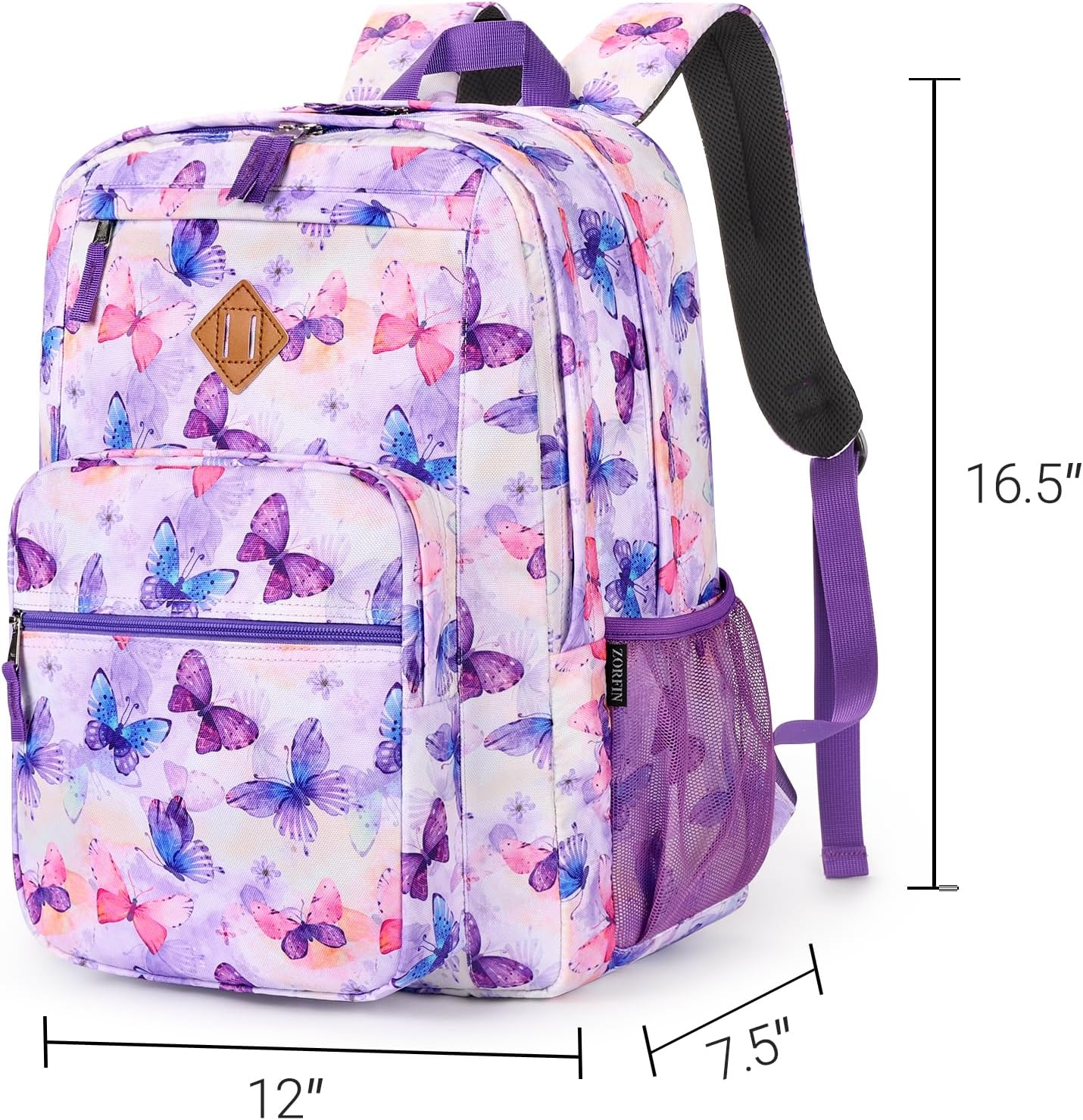 26L Backpack for School, College, and Travel: Water Resistant Bookbag with 8 Compartments - Butterfly Purple