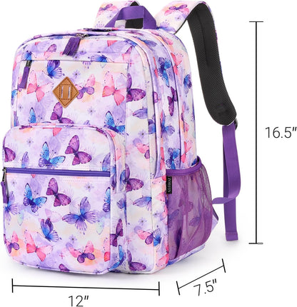 26L Backpack for School, College, and Travel: Water Resistant Bookbag with 8 Compartments - Butterfly Purple