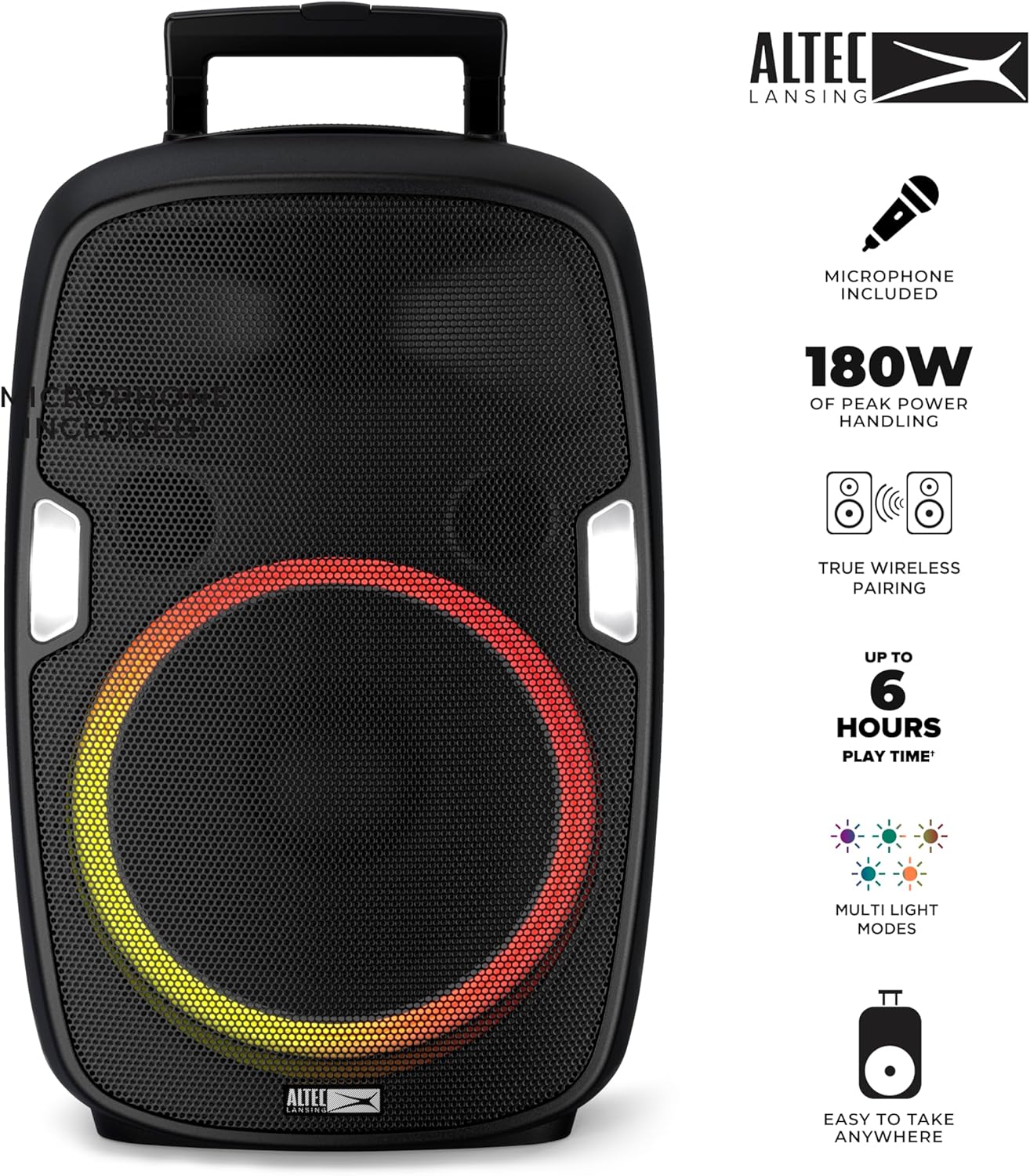 Altec Lansing SoundRover Koordlose Trolley Bluetooth-luidspreker met mikrofoon, Herlaaibare Stelselluidspreker vir Partytjies, Karaoke DJ met LED-ligte en USB-slimfoonlaaier