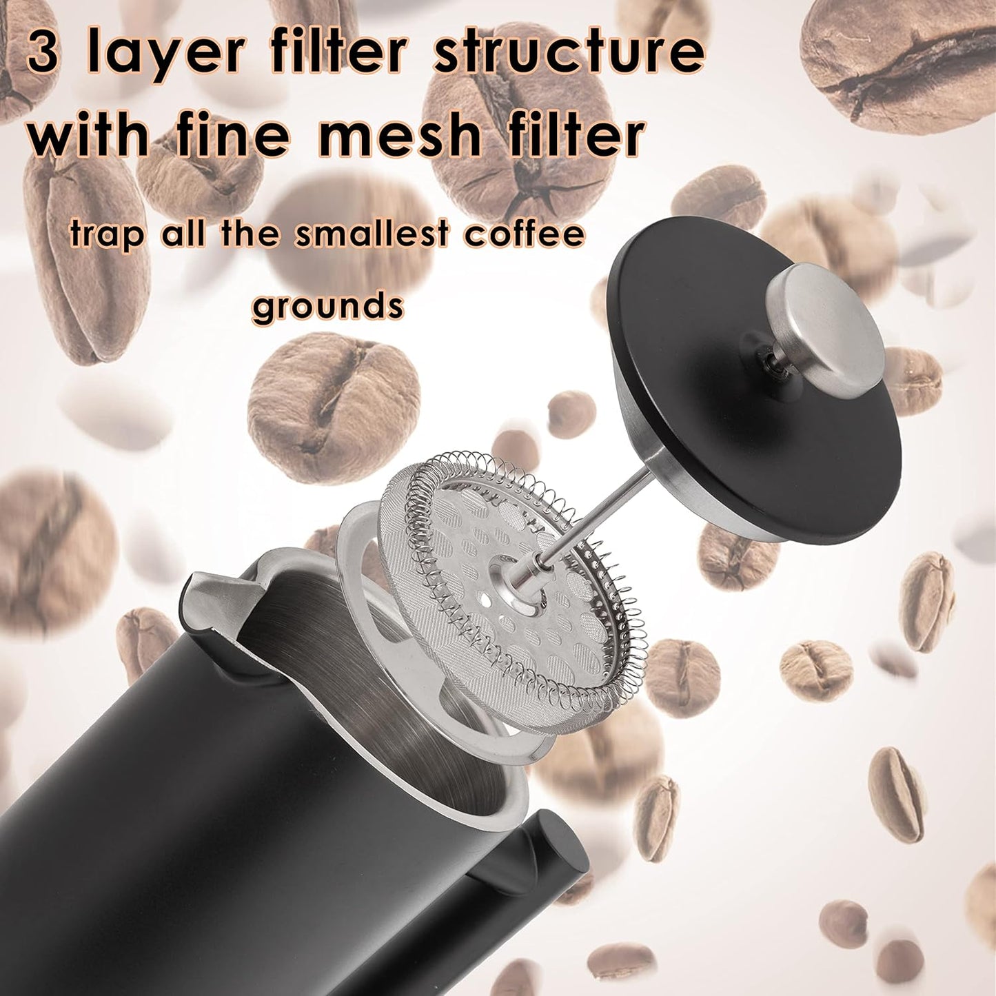 Mixpresso Swart Vlekvrye Staal Franse Pers Koffiemaker 770 ml, Dubbelwand Geïsoleerde Franse Pers Vlekvrye Staal, Maklik Skoon Teebrouer, Maklik Drukbare Duursame Metaal Koffiepers