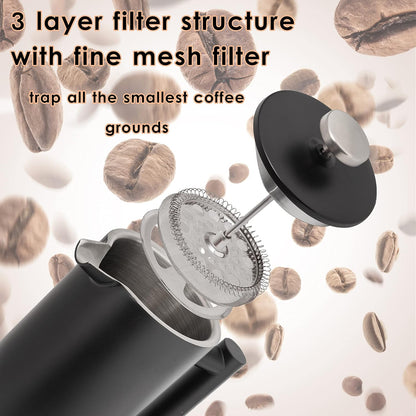Mixpresso Swart Vlekvrye Staal Franse Pers Koffiemaker 770 ml, Dubbelwand Geïsoleerde Franse Pers Vlekvrye Staal, Maklik Skoon Teebrouer, Maklik Drukbare Duursame Metaal Koffiepers
