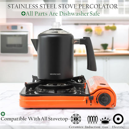 Mixpresso Swart Vlekvrye Staal Koffieperkoleerder Kookplaat, 37oz Klassieke Perkoleerder Koffiepot, Puik Vir Kamp, 5-8 Koppie Kookplaat Espressomaker, Koel-aanraking Handvatsel