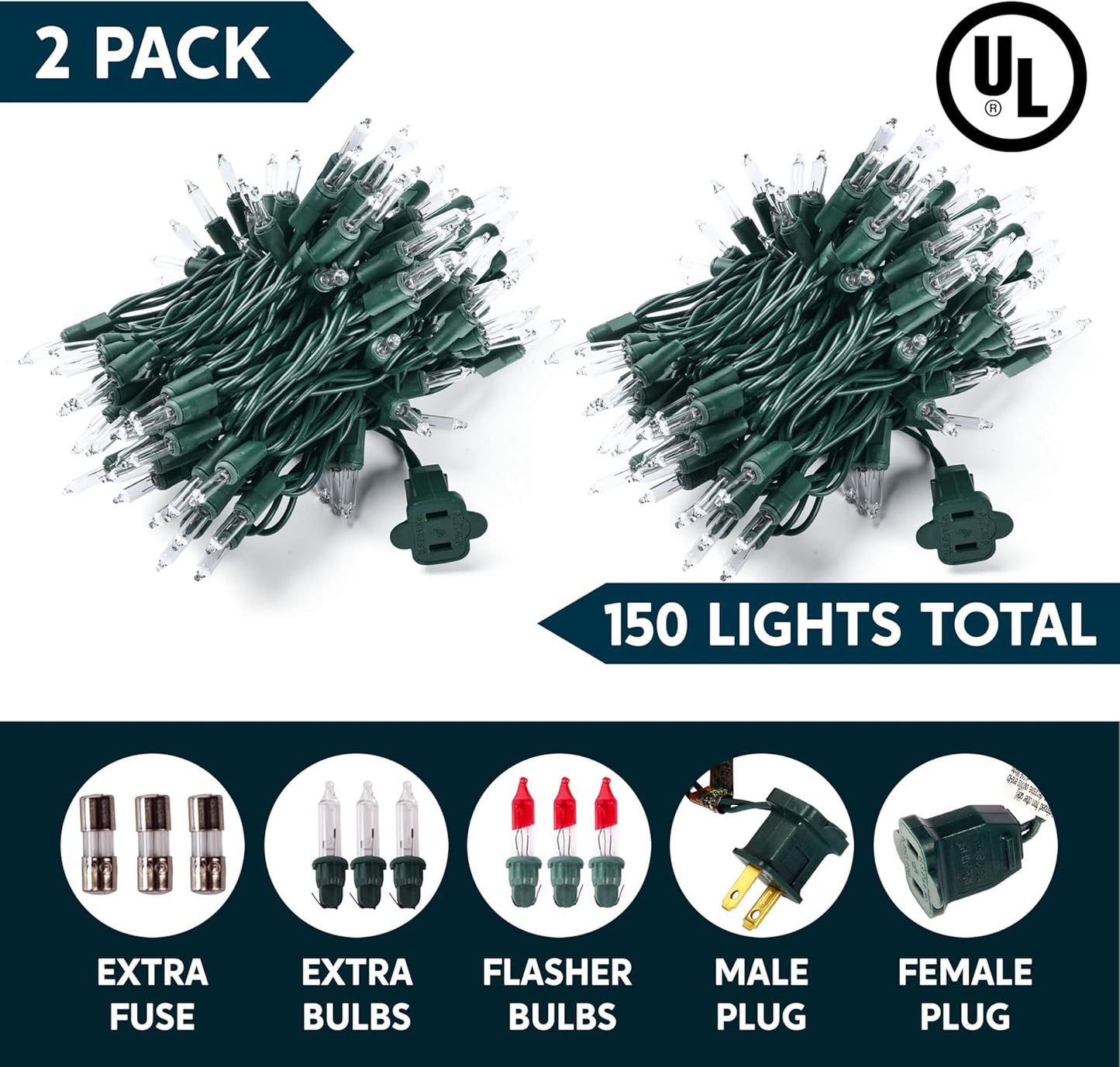 Clear Christmas String Lights 300CT (2x150) Mini Warm White Fairy Light,62.4FT Lighting Decor - Green Wire