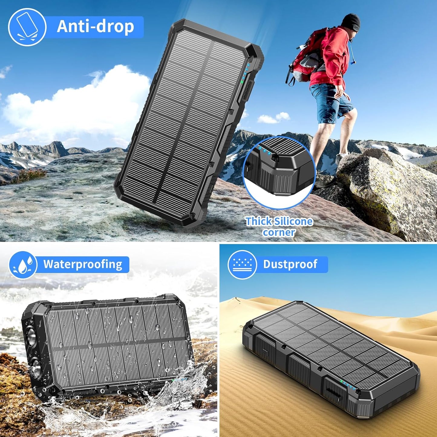 Solar Charger Power Bank 49800mAh Wireless Charger QC 3.0 Fast Charging Power Bank 8 Outputs 4 Inputs Solar Portable Charger Compatible with All Mobile Devices,SOS/Strobe/Strong Flashlights (Black)