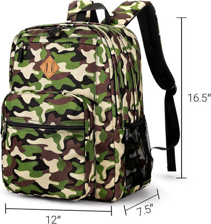26L Backpack for School, College, and Travel: Water Resistant Bookbag with 8 Compartments - Buckshot Camo