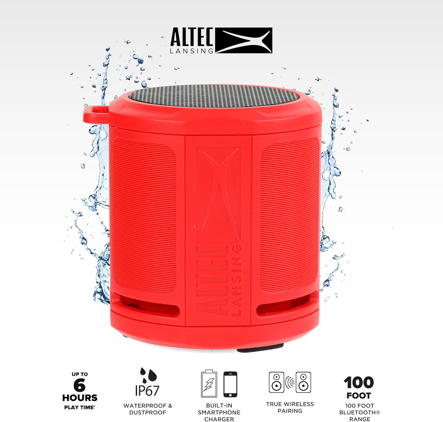 Altec Lansing HydraMicro - Waterdigte Bluetooth-luidspreker, Liggewig en Draagbare Luidspreker vir Reis en Buiteluggebruik, Rooi