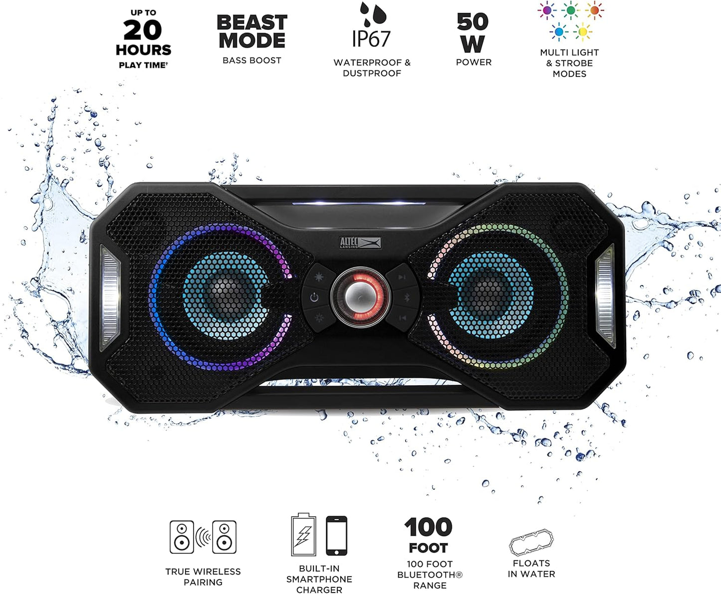 Altec Lansing Mix 2.0 - Waterdigte Bluetooth-luidspreker met Sterk Bas, Draagbare Luidspreker vir Reis en Buiteluggebruik, 100 Voet Bereik en 20 Uur Speeltyd, Swart