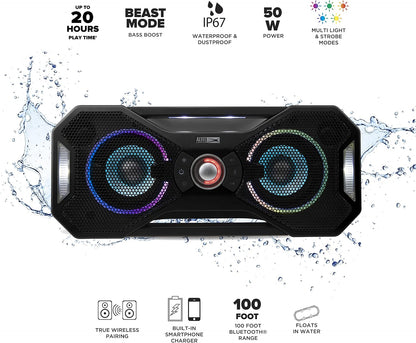 Altec Lansing Mix 2.0 - Waterdigte Bluetooth-luidspreker met Sterk Bas, Draagbare Luidspreker vir Reis en Buiteluggebruik, 100 Voet Bereik en 20 Uur Speeltyd, Swart