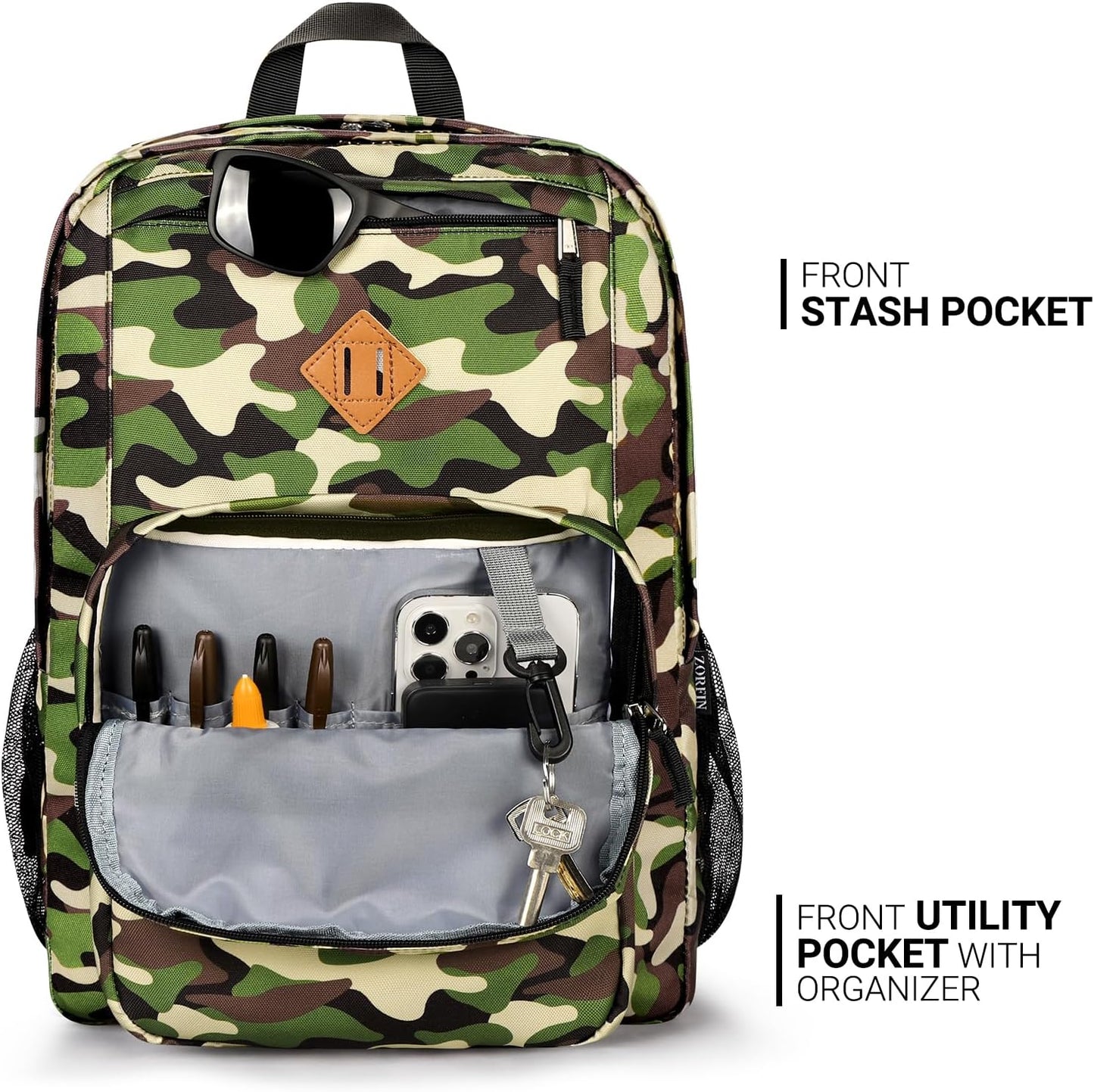 26L Backpack for School, College, and Travel: Water Resistant Bookbag with 8 Compartments - Buckshot Camo