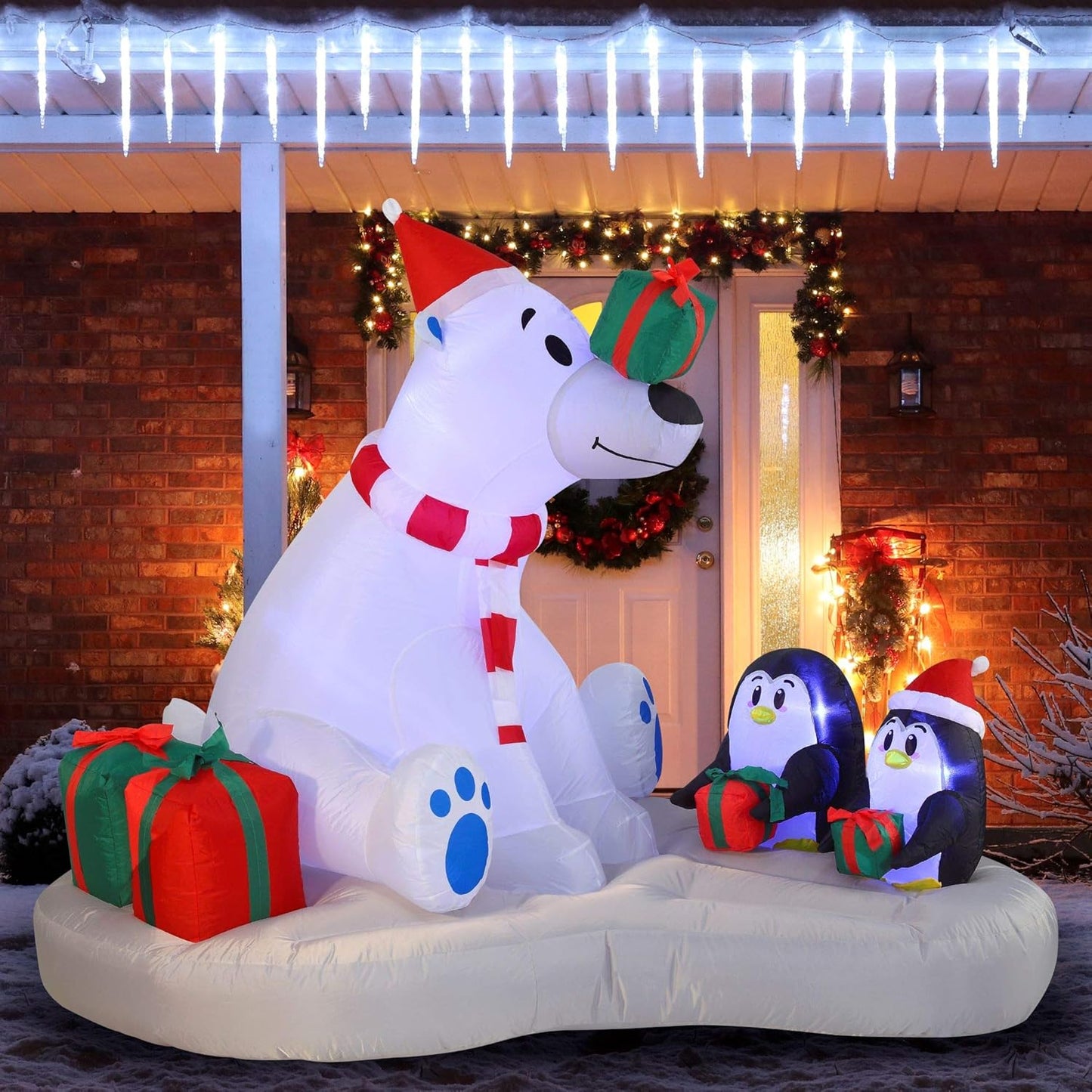 (6 FT) Long Christmas Inflatable Decoration Polar Bear & Penguins w/ Build-in LEDs, Blow Up Inflatable Holiday Season Decoration