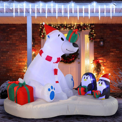 (6 FT) Long Christmas Inflatable Decoration Polar Bear & Penguins w/ Build-in LEDs, Blow Up Inflatable Holiday Season Decoration