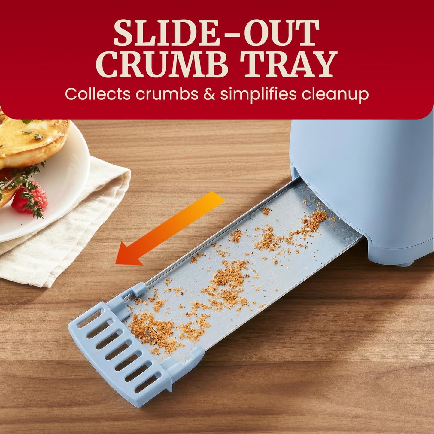 Gourmet Slim Broodrooster met Twee Langgleuwe, Koel-om-aan-te-Raak, 6 Bruiningsgrade, Ekstra Wye 3.8 cm Gleuf vir Vakmansbrood, Bagels, Wafels en Engelse Muffins - Oseaanblou