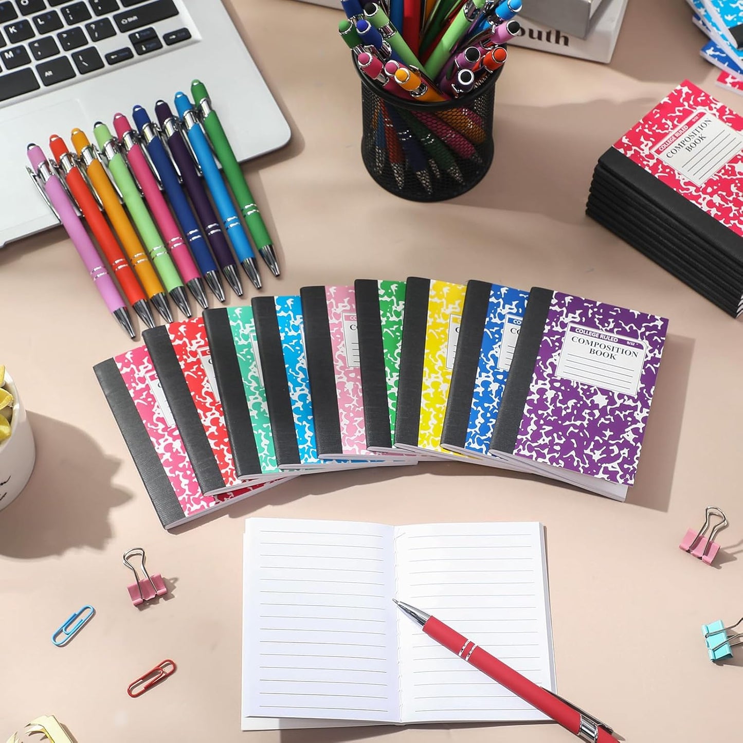 60 Pcs Mini Composition Notebooks and Retractable Ballpoint Pens, 3. 3" x 4.5" Small Note Pad Journal and Metal Ballpoint Pens with Stylus Tip for Students School College Office Supplies