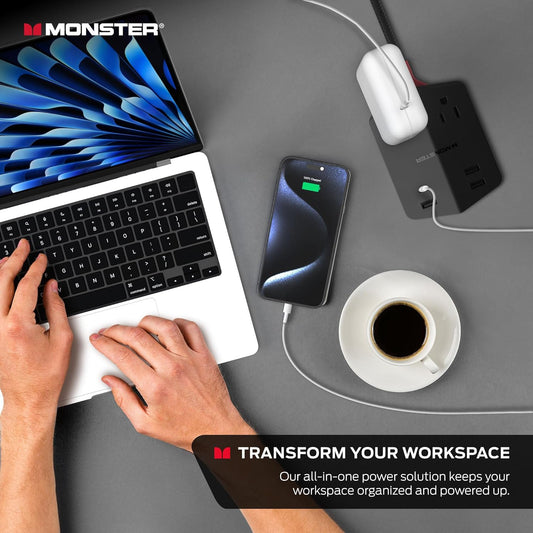 Monster Power Shield: Magnetiese Muursokverlenger, Meervoudige Prop-sok met 2 WS-sokke, 3 USB-A-poorte en 1 USB-C-poort (20W)