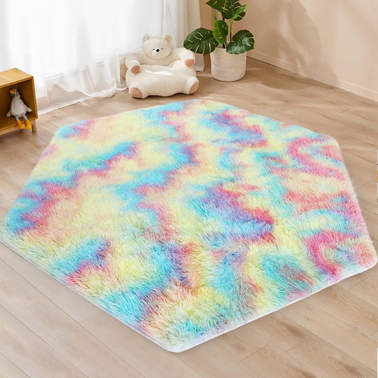 Monobeach Pienk Kinderkleed vir Kwekery Kinderkamer Dekor Ultra Sagte Seshoekmat vir Prinsestent vir Dogtertjies Baba Speelmat vir Vloer 55”x 47” (Reënboog Seshoek, 55”x 47”)