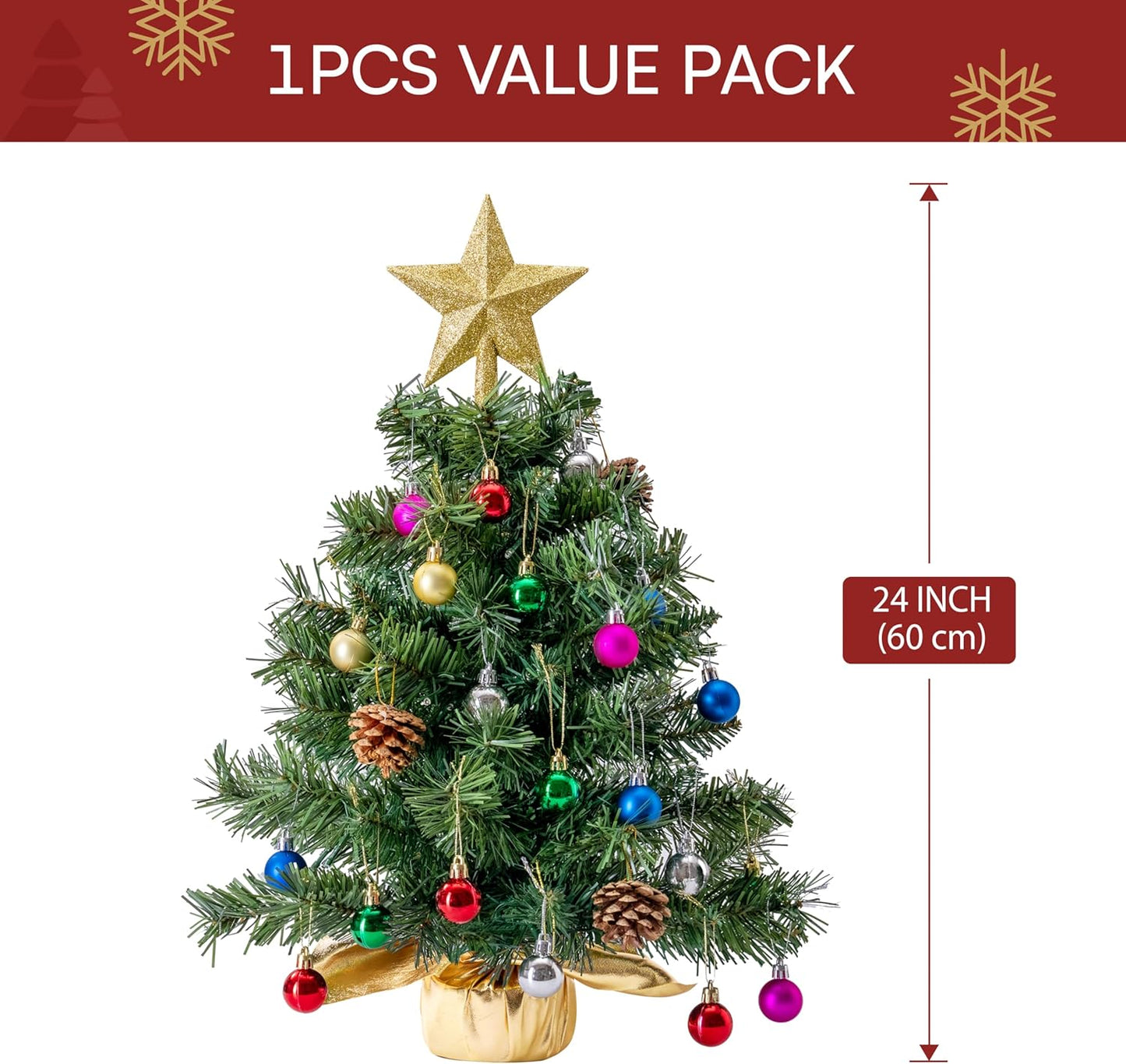 Mini sapin de Noël de table pré-éclairé 24"/60cm avec lumières chaudes, baies de houx, pommes de pin et ornements (doré)