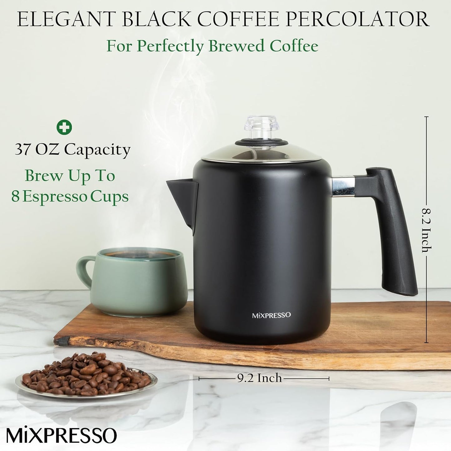 Mixpresso Swart Vlekvrye Staal Koffieperkoleerder Kookplaat, 37oz Klassieke Perkoleerder Koffiepot, Puik Vir Kamp, 5-8 Koppie Kookplaat Espressomaker, Koel-aanraking Handvatsel