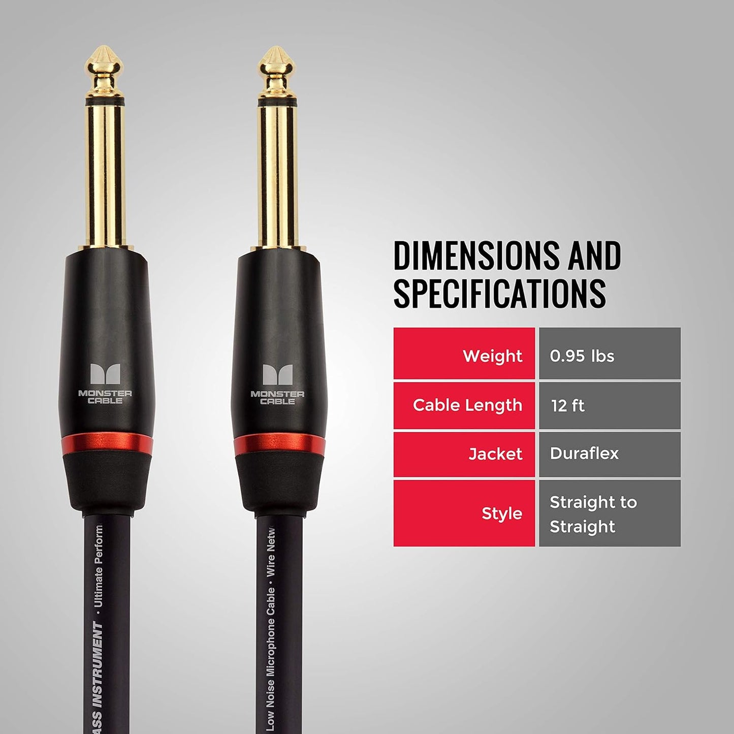 Monster Prolink Bass Instrument Cable. 12 ft Guitar Cable. Straight to Straight Bass Guitar Cable. 95% Copper Braided Shield Cable Bass Guitar. Bass Guitar Cable.