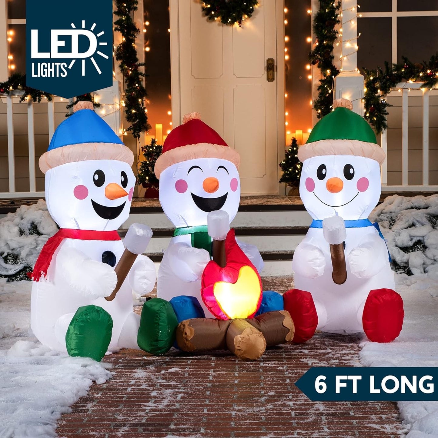6 FT Long Christmas Inflatable Snowman w/ Campfire, 3 Pack Small Snowman Built-in LEDs Blow Up Yard Decoration