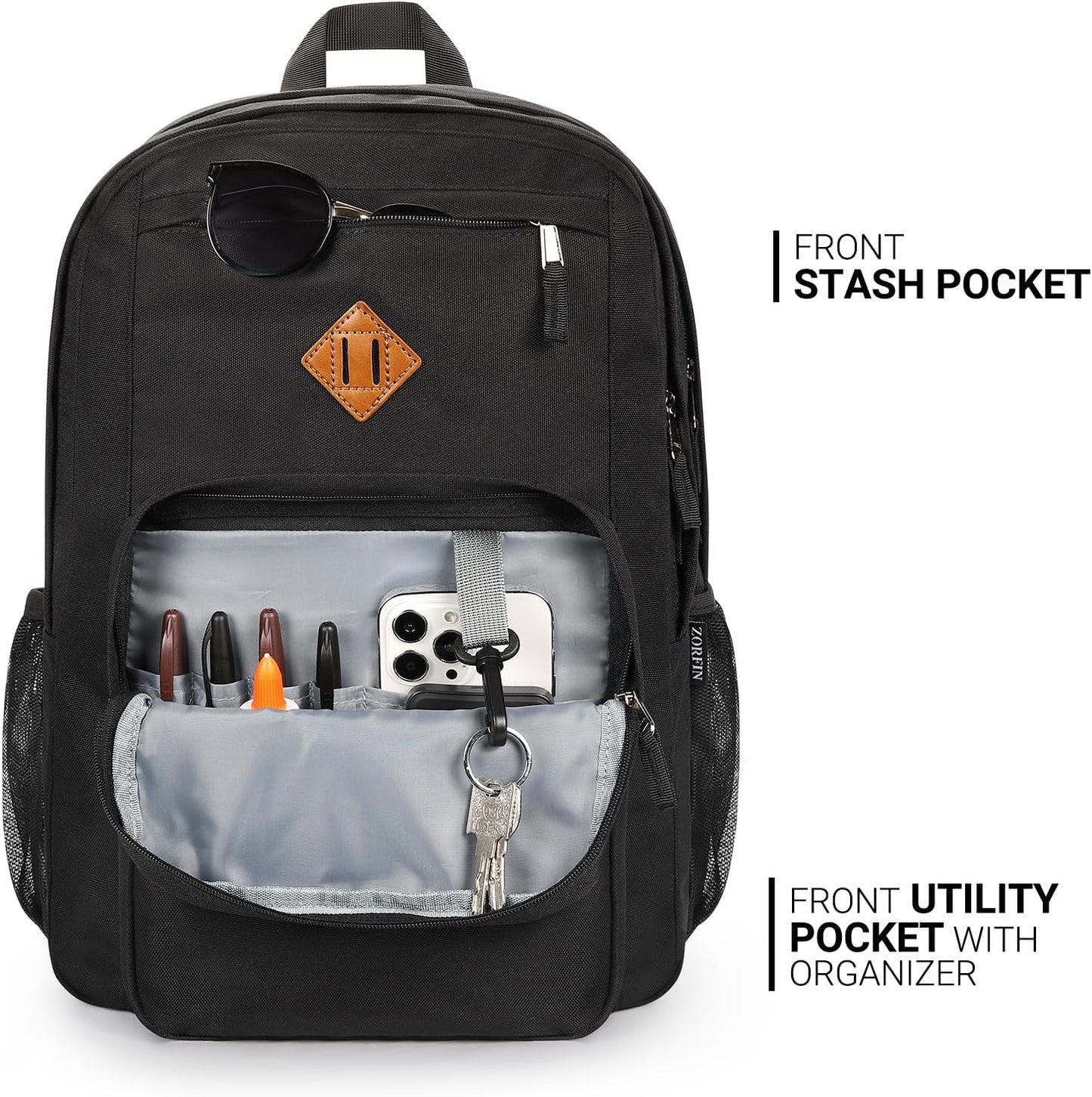 26L Black Backpack for School, College, and Travel: Water Resistant Bookbag with 8 Compartments