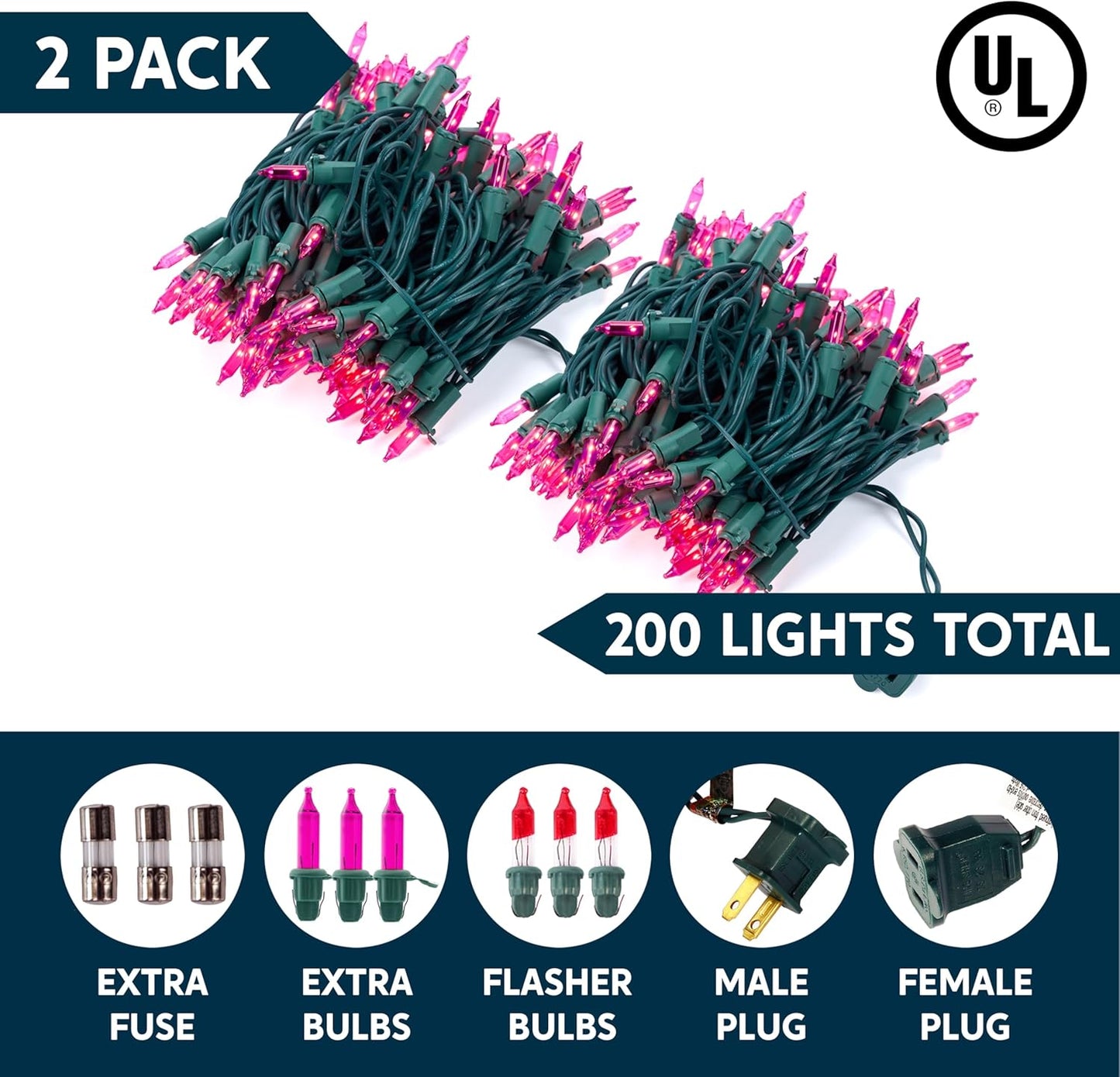 Pink Christmas Lights,42.8FT / 200 Count String Lights - Green Wire for Decorations