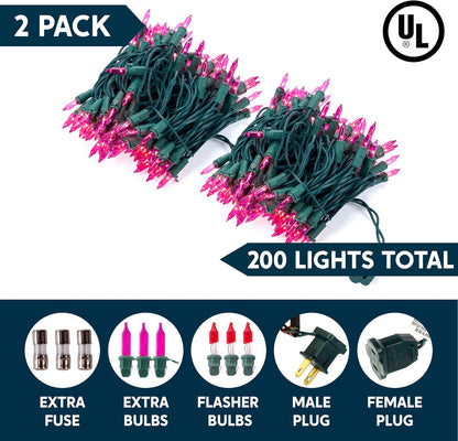 Pienk Kersliggies, 42.8FT / 200 Tel Stringliggies - Groen Draad vir Versierings