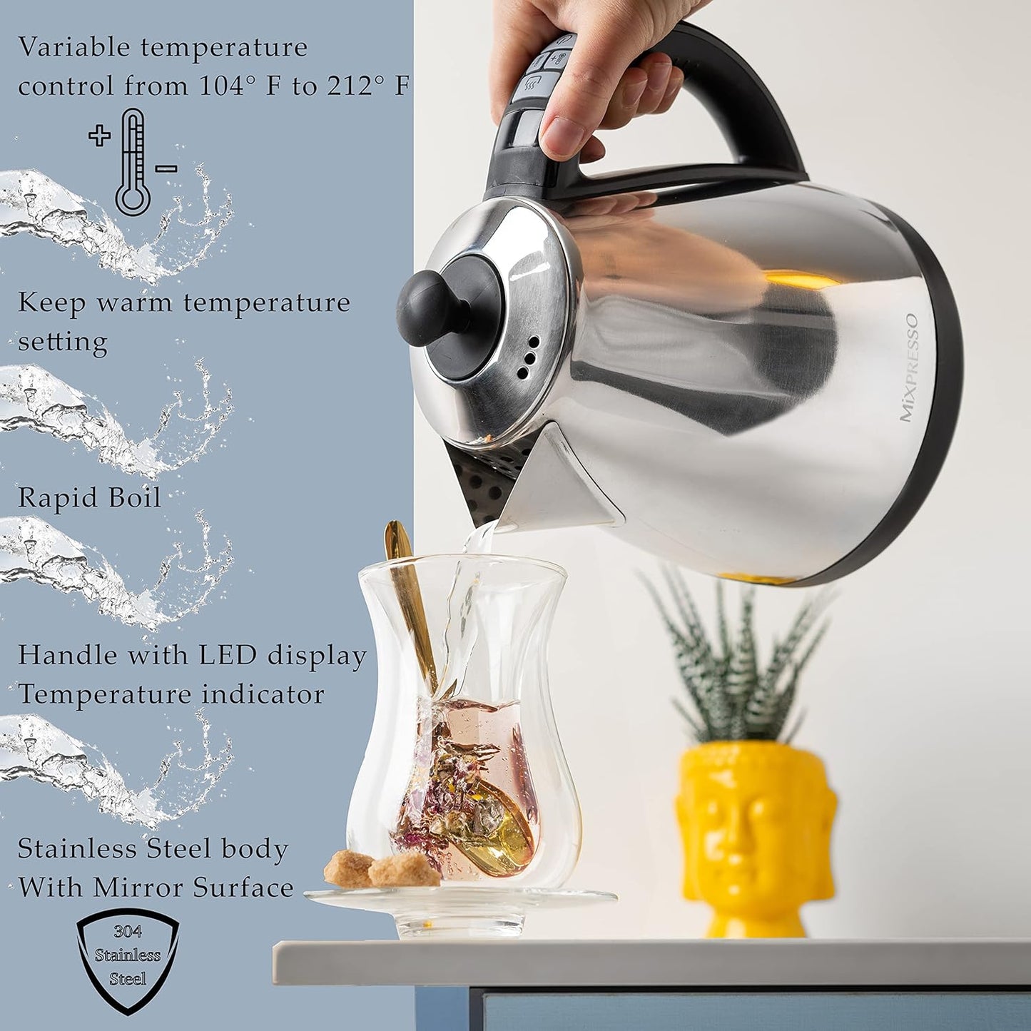 Mixpresso Elektriese Ketel Temperatuurbeheer, Warmwaterketel Elektries, Koordloos 1 Liter Kapasiteit, Hou Warm & LED-aanwyser, Outomatiese Afskakeling, Droogkookbeskerming, Vlekvrye Staal Elektriese Ketel