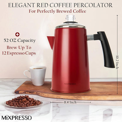 Mixpresso Rooi Vlekvrye Staal Koffieperkoleerder Kookplaat, 52 oz Klassieke Perkoleerder Koffiepot, Puik Vir Kamp, 12 Koppie Kookplaat Espressomaker, Koel-om-aan-te-raak Handvatsel