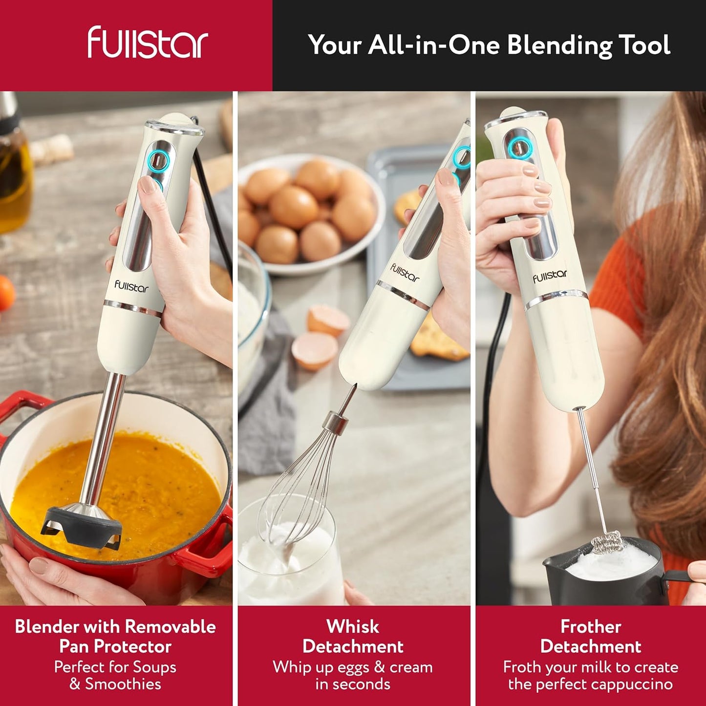 Fullstar Immersion Blender-stel, 9-spoed 500W Handgehoue Elektriese Handmenger, Smoothiemenger (3-in-1, Wit)