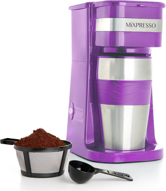 Mixpresso Pers Persoonlike Enkelbedien Koffiemaker met 14oz Reismok, Drup Klein Koffiemaker met Outomatiese Afskakeling, Herbruikbare Filter, Werk Slegs met Gemaalde Koffie – Nie vir K-Cup Peule nie