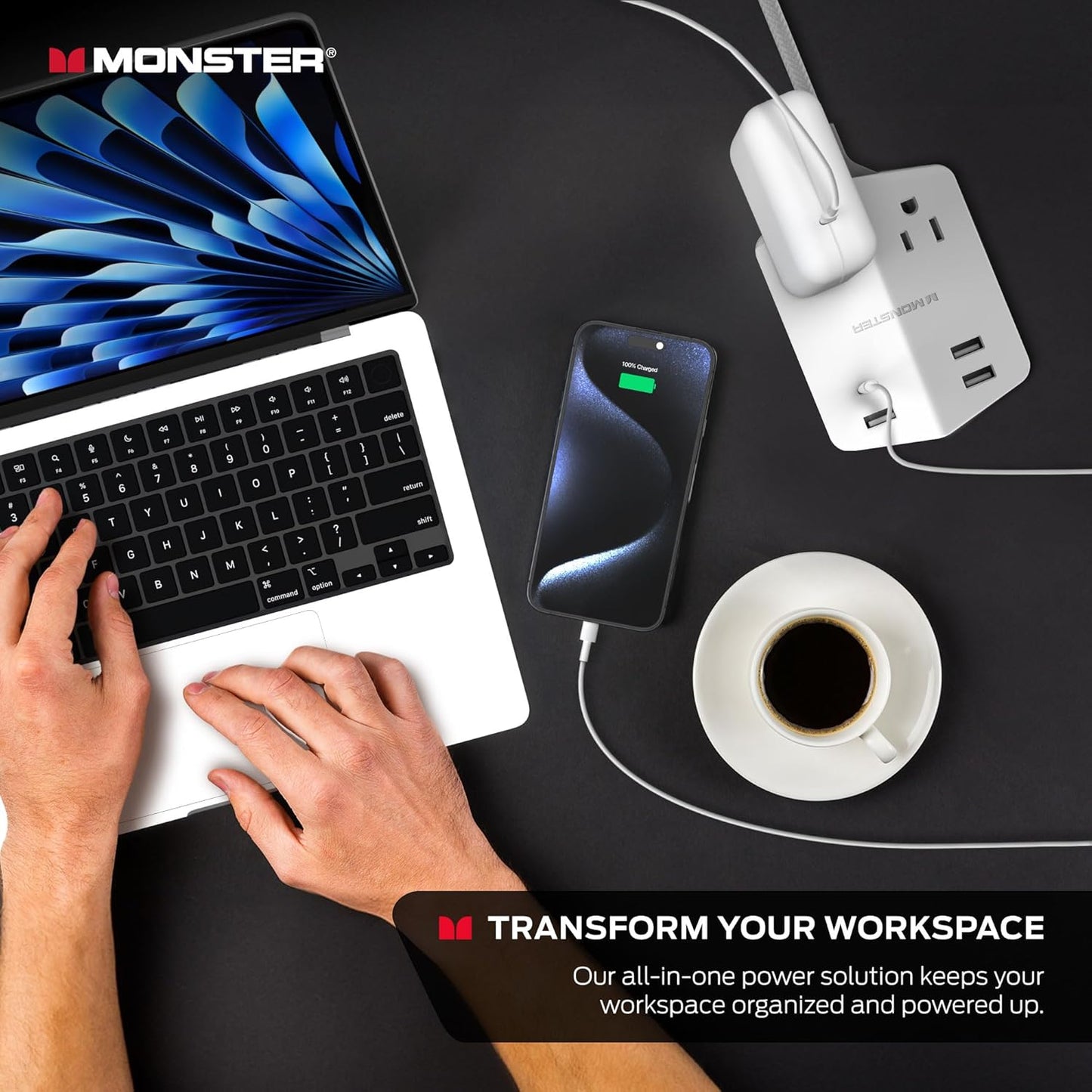 Monster Power Shield: Magnetic Wall Outlet Extender, Multiple Plug Outlet with 2 AC Outlets, 3 USB-A Ports, & 1 USB-C Port (20W)