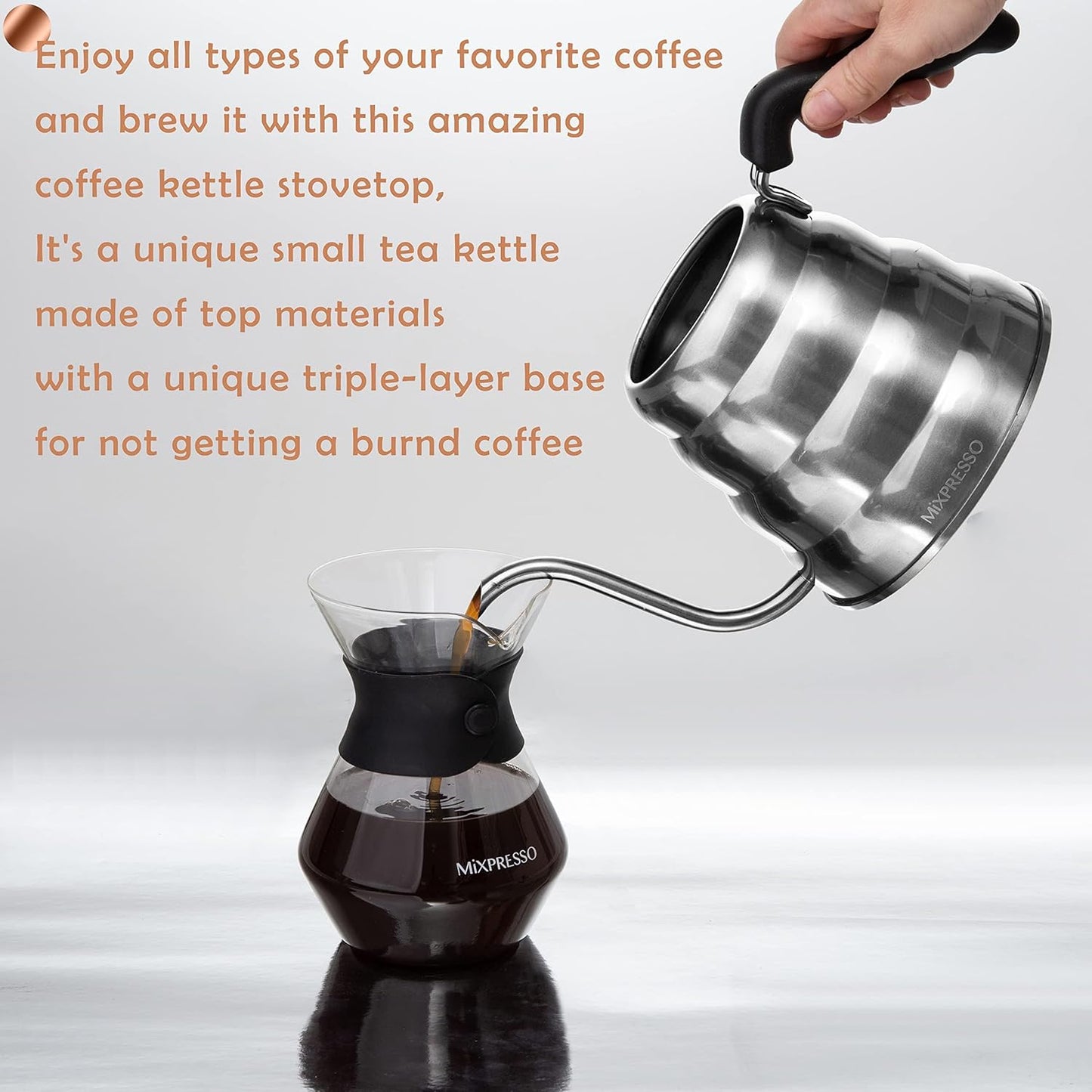 Mixpresso Swaanhals-Skinkketel, Barista-skinkbeheerontwerp, Ideaal vir Koffie en Tee, Hoëgraadse Vlekvrye Staal 1.2 Liter 40 Oz, Induksie Stoofplaat Ketel Vlekvrye Staal