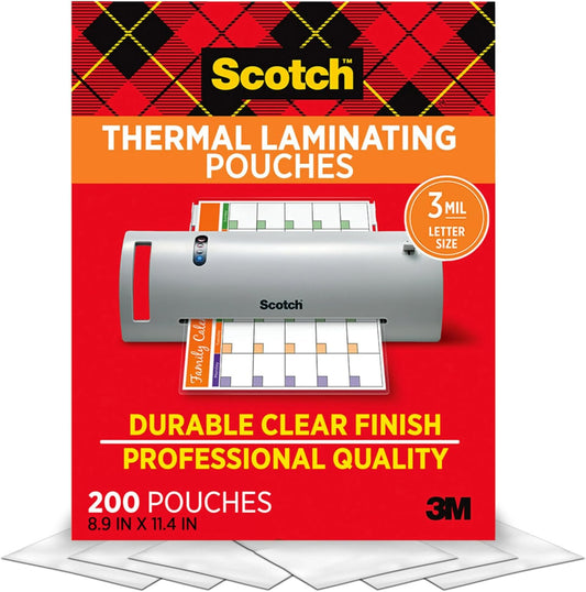 Scotch Termiese Laminering sakkies, 200 Tel, Deursigtig, 3 mil., Ideale Kantoor- of Skoolbenodigdhede, Pas Letter-grootte Papier (8.9 dm. × 11.4 dm.)