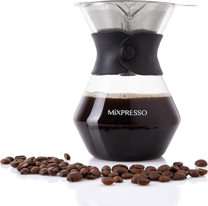 Mixpresso Pour Over Koffiemakerstel Glaskaraf Borosilikaat Wit Beskermende Silikoonmou, Pour Over Koffie-drupperbrouer Met Dubbellaag Vlekvrye Staal Filter 13.5 Oz